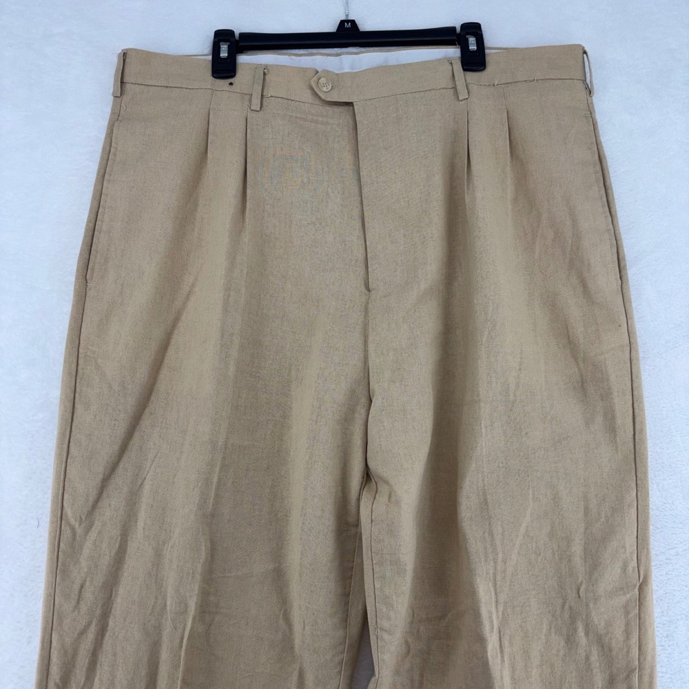 Trust Mens Pleated Linen Blend Dress Pants Tan Beige Cuffed W42 L32 resort wear